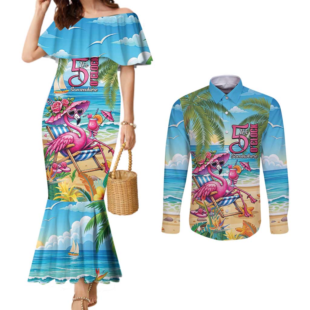 Flamingo Aloha Hawaii Couples Matching Mermaid Dress and Long Sleeve Button Shirt It's 5 O’Clock Somewhere Tropical Vibes - Wonder Print Shop