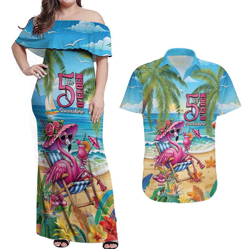 Flamingo Aloha Hawaii Couples Matching Off Shoulder Maxi Dress and Hawaiian Shirt It's 5 O’Clock Somewhere Tropical Vibes - Wonder Print Shop