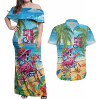 Flamingo Aloha Hawaii Couples Matching Off Shoulder Maxi Dress and Hawaiian Shirt It's 5 O’Clock Somewhere Tropical Vibes - Wonder Print Shop