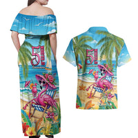Flamingo Aloha Hawaii Couples Matching Off Shoulder Maxi Dress and Hawaiian Shirt It's 5 O’Clock Somewhere Tropical Vibes - Wonder Print Shop