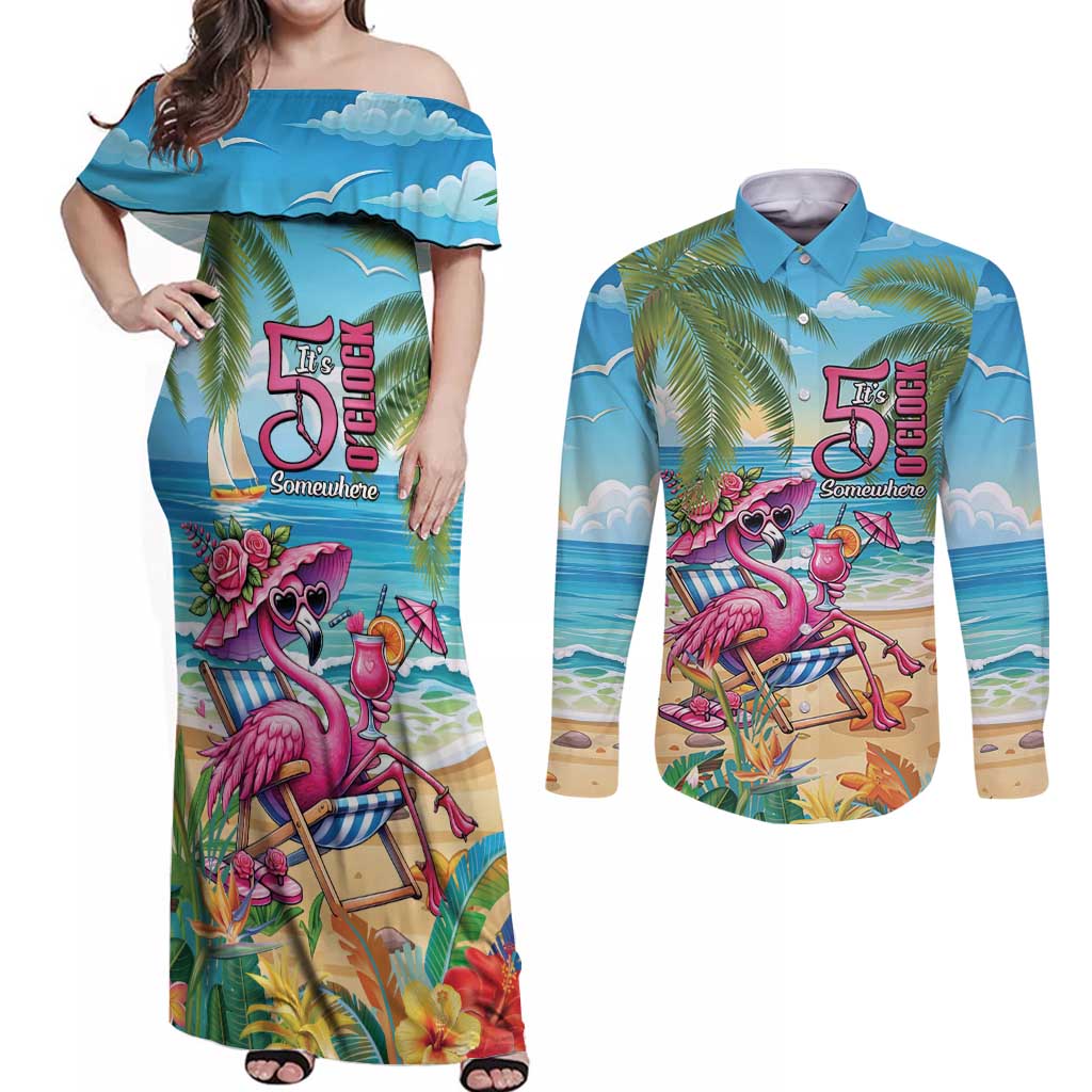 Flamingo Aloha Hawaii Couples Matching Off Shoulder Maxi Dress and Long Sleeve Button Shirt It's 5 O’Clock Somewhere Tropical Vibes - Wonder Print Shop