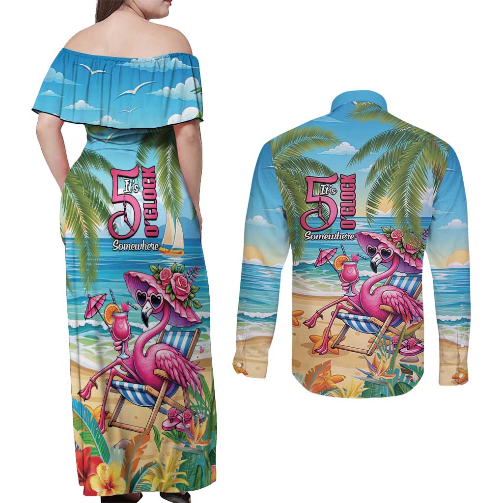 Flamingo Aloha Hawaii Couples Matching Off Shoulder Maxi Dress and Long Sleeve Button Shirt It's 5 O’Clock Somewhere Tropical Vibes - Wonder Print Shop