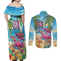 Flamingo Aloha Hawaii Couples Matching Off Shoulder Maxi Dress and Long Sleeve Button Shirt It's 5 O’Clock Somewhere Tropical Vibes - Wonder Print Shop