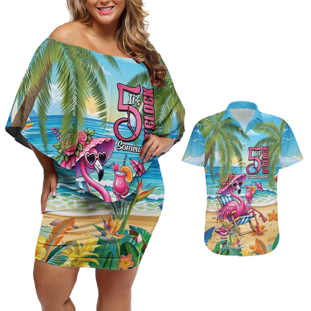 Flamingo Aloha Hawaii Couples Matching Off Shoulder Short Dress and Hawaiian Shirt It's 5 O’Clock Somewhere Tropical Vibes - Wonder Print Shop