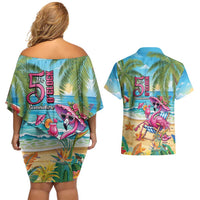 Flamingo Aloha Hawaii Couples Matching Off Shoulder Short Dress and Hawaiian Shirt It's 5 O’Clock Somewhere Tropical Vibes - Wonder Print Shop