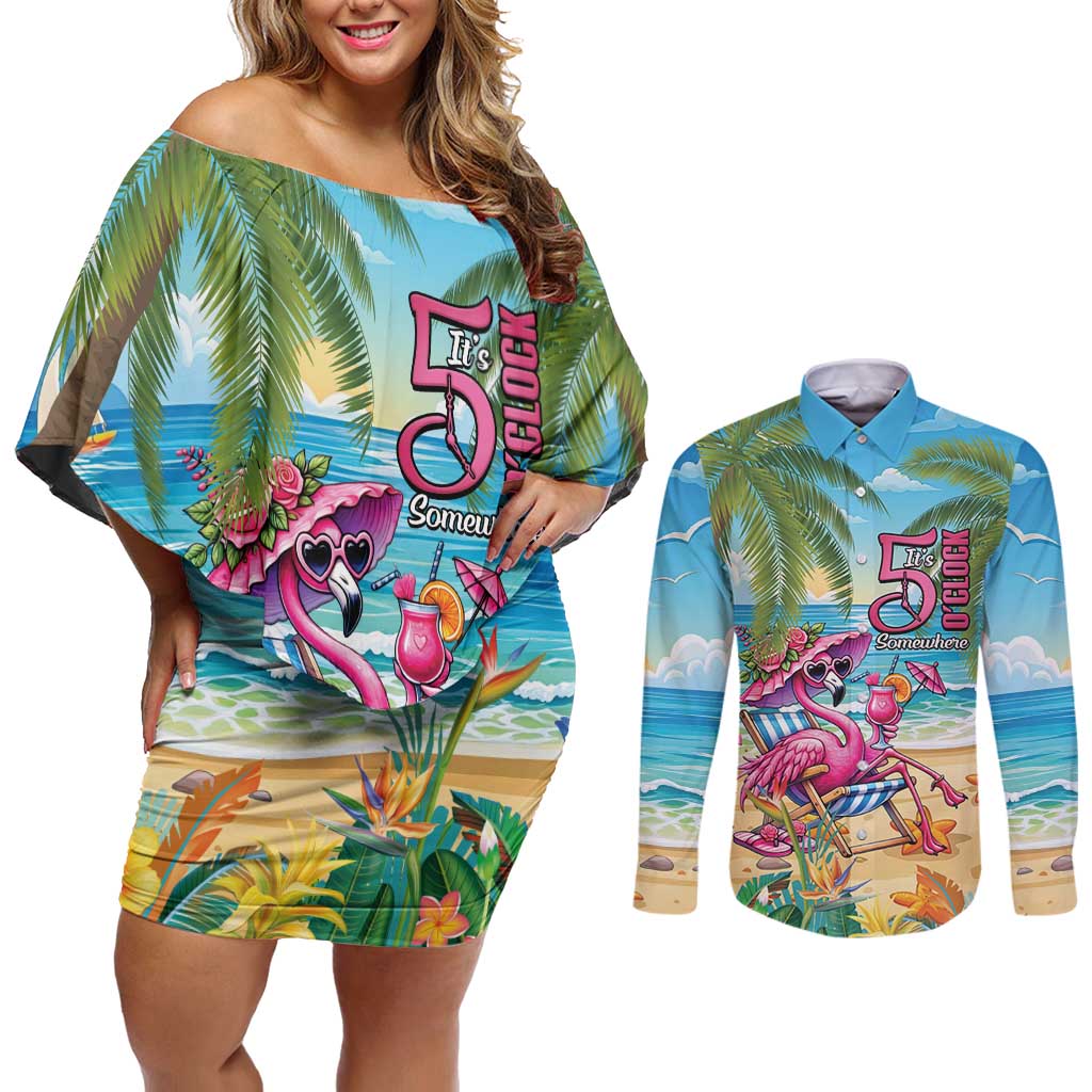 Flamingo Aloha Hawaii Couples Matching Off Shoulder Short Dress and Long Sleeve Button Shirt It's 5 O’Clock Somewhere Tropical Vibes - Wonder Print Shop