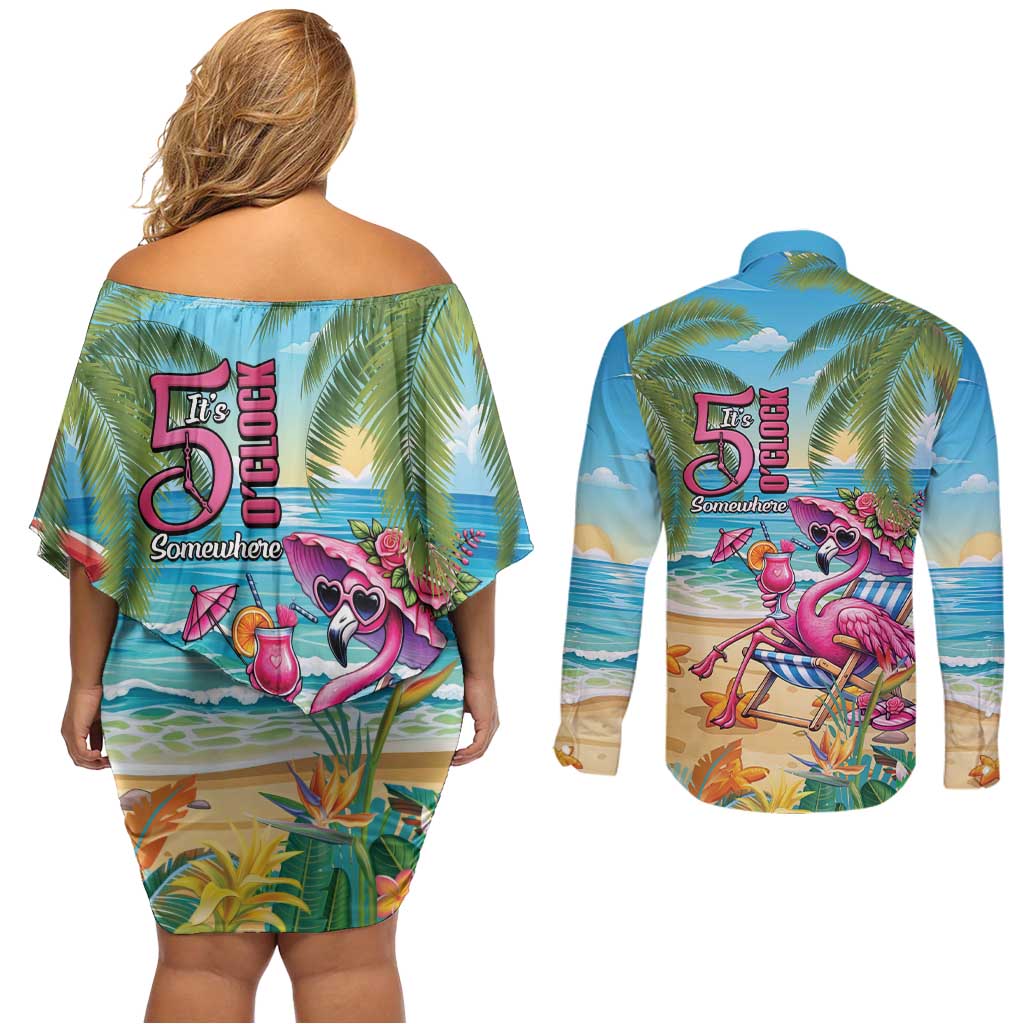 Flamingo Aloha Hawaii Couples Matching Off Shoulder Short Dress and Long Sleeve Button Shirt It's 5 O’Clock Somewhere Tropical Vibes - Wonder Print Shop