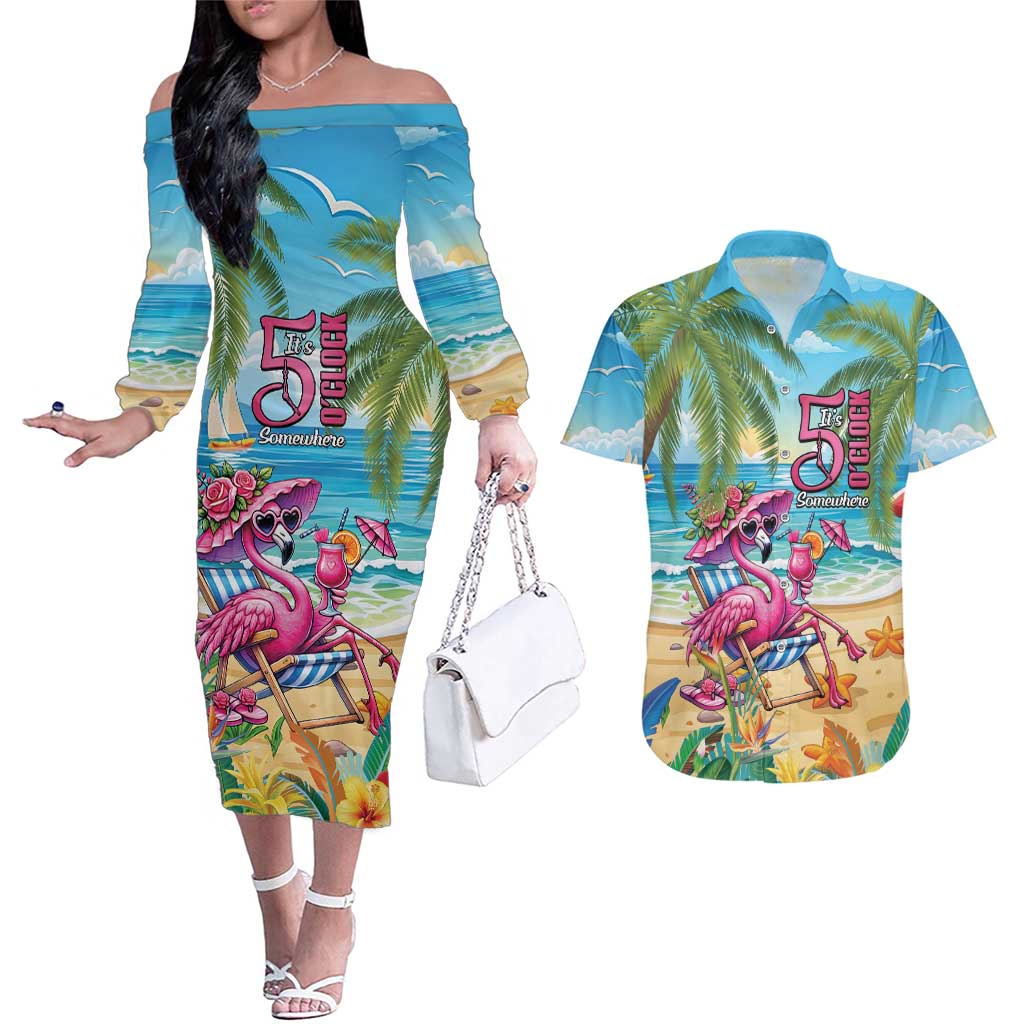 Flamingo Aloha Hawaii Couples Matching Off The Shoulder Long Sleeve Dress and Hawaiian Shirt It's 5 O’Clock Somewhere Tropical Vibes - Wonder Print Shop