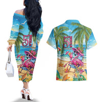 Flamingo Aloha Hawaii Couples Matching Off The Shoulder Long Sleeve Dress and Hawaiian Shirt It's 5 O’Clock Somewhere Tropical Vibes - Wonder Print Shop