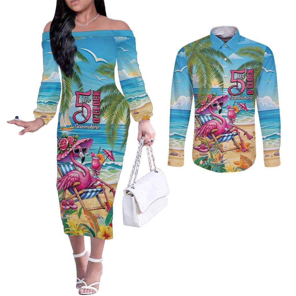 Flamingo Aloha Hawaii Couples Matching Off The Shoulder Long Sleeve Dress and Long Sleeve Button Shirt It's 5 O’Clock Somewhere Tropical Vibes - Wonder Print Shop