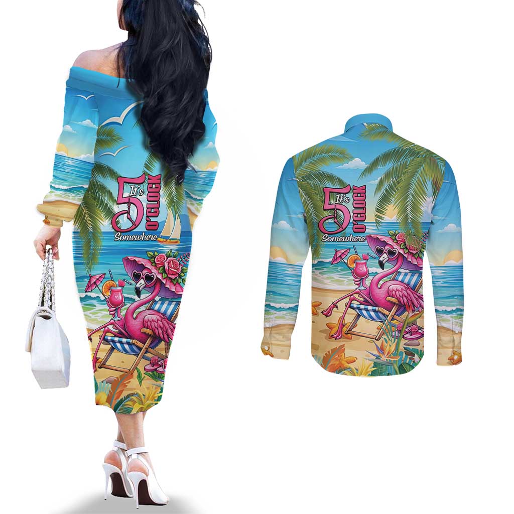 Flamingo Aloha Hawaii Couples Matching Off The Shoulder Long Sleeve Dress and Long Sleeve Button Shirt It's 5 O’Clock Somewhere Tropical Vibes - Wonder Print Shop