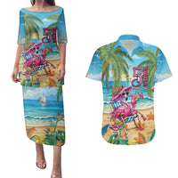 Flamingo Aloha Hawaii Couples Matching Puletasi and Hawaiian Shirt It's 5 O’Clock Somewhere Tropical Vibes - Wonder Print Shop
