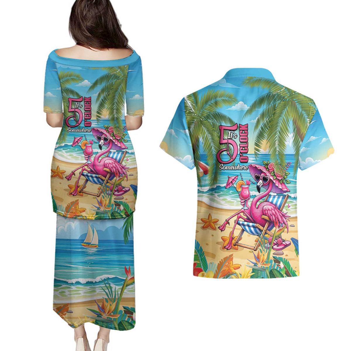 Flamingo Aloha Hawaii Couples Matching Puletasi and Hawaiian Shirt It's 5 O’Clock Somewhere Tropical Vibes - Wonder Print Shop