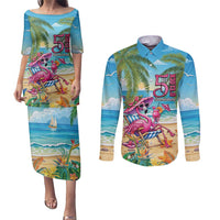Flamingo Aloha Hawaii Couples Matching Puletasi and Long Sleeve Button Shirt It's 5 O’Clock Somewhere Tropical Vibes - Wonder Print Shop