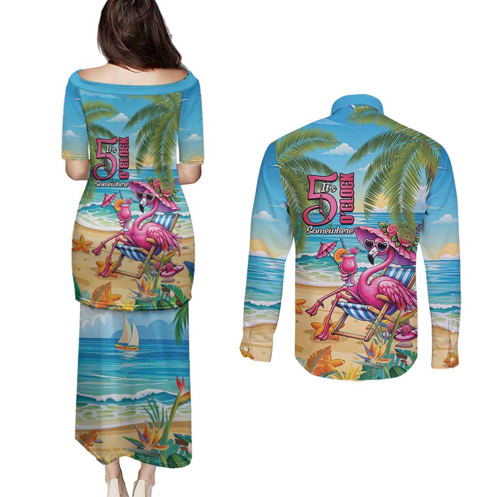 Flamingo Aloha Hawaii Couples Matching Puletasi and Long Sleeve Button Shirt It's 5 O’Clock Somewhere Tropical Vibes - Wonder Print Shop