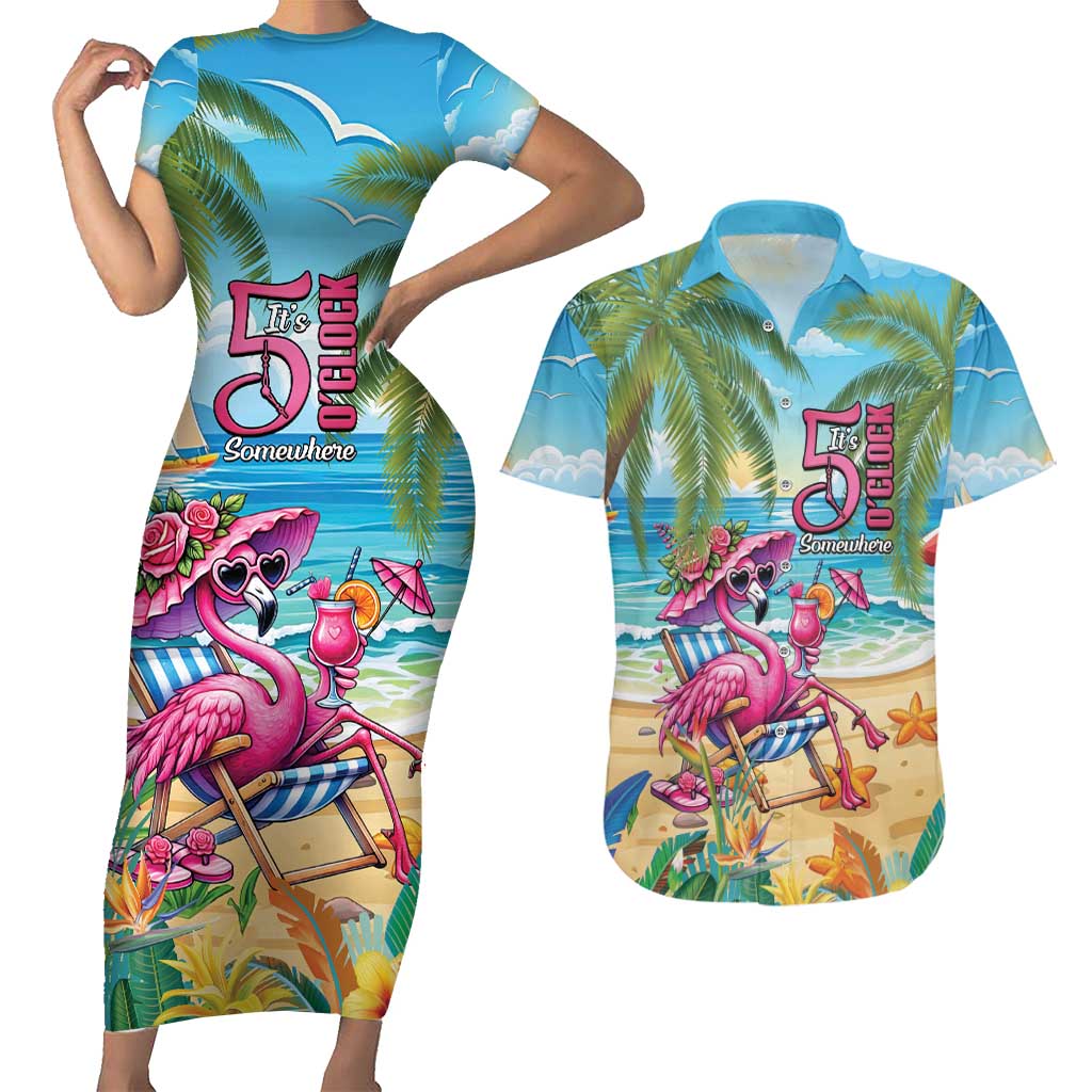 Flamingo Aloha Hawaii Couples Matching Short Sleeve Bodycon Dress and Hawaiian Shirt It's 5 O’Clock Somewhere Tropical Vibes - Wonder Print Shop