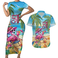 Flamingo Aloha Hawaii Couples Matching Short Sleeve Bodycon Dress and Hawaiian Shirt It's 5 O’Clock Somewhere Tropical Vibes - Wonder Print Shop