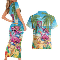 Flamingo Aloha Hawaii Couples Matching Short Sleeve Bodycon Dress and Hawaiian Shirt It's 5 O’Clock Somewhere Tropical Vibes - Wonder Print Shop