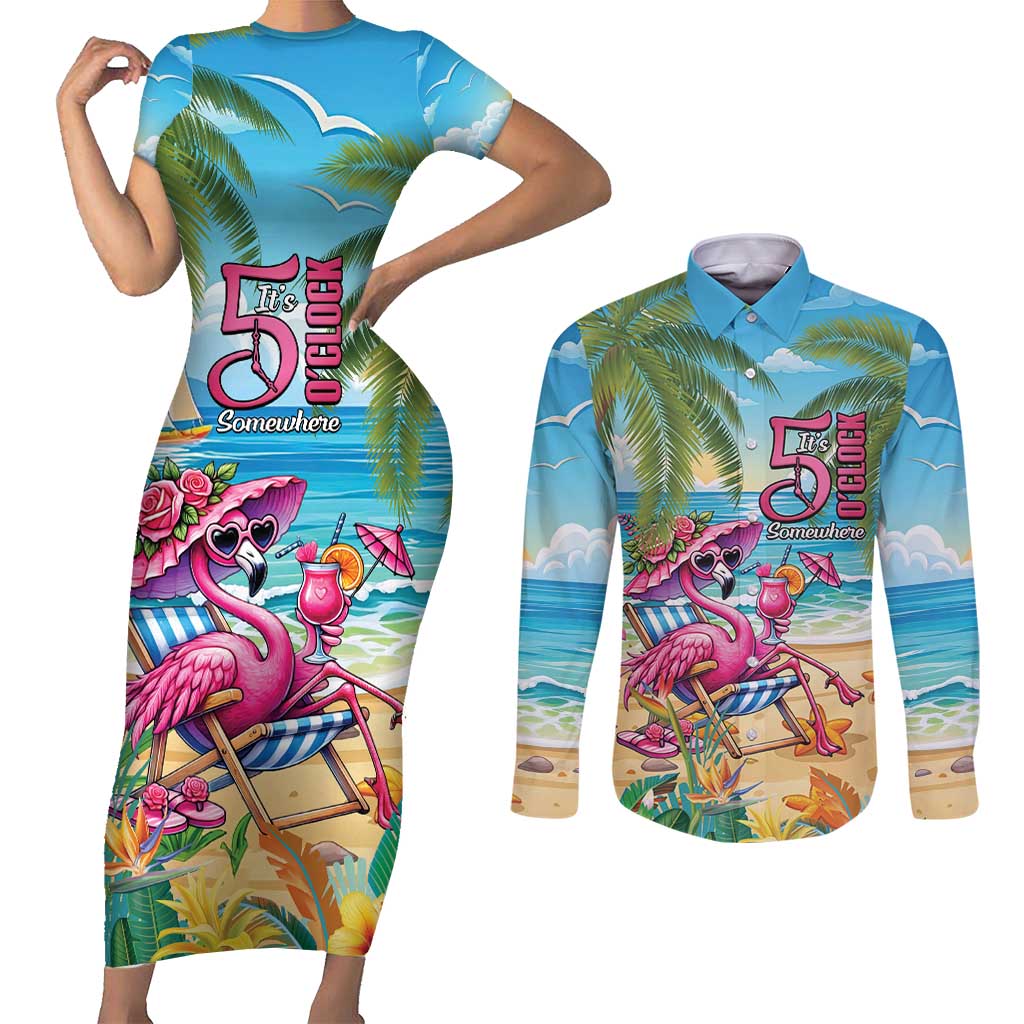 Flamingo Aloha Hawaii Couples Matching Short Sleeve Bodycon Dress and Long Sleeve Button Shirt It's 5 O’Clock Somewhere Tropical Vibes - Wonder Print Shop