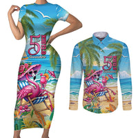 Flamingo Aloha Hawaii Couples Matching Short Sleeve Bodycon Dress and Long Sleeve Button Shirt It's 5 O’Clock Somewhere Tropical Vibes - Wonder Print Shop
