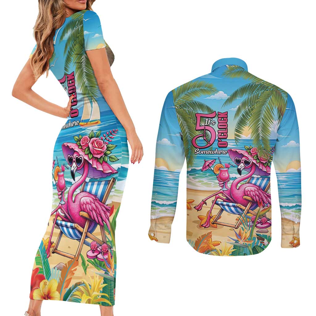 Flamingo Aloha Hawaii Couples Matching Short Sleeve Bodycon Dress and Long Sleeve Button Shirt It's 5 O’Clock Somewhere Tropical Vibes - Wonder Print Shop