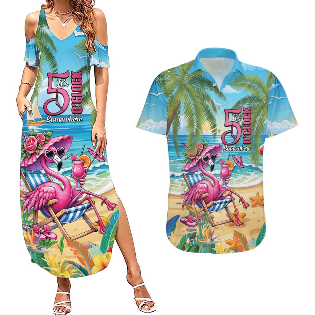 Flamingo Aloha Hawaii Couples Matching Summer Maxi Dress and Hawaiian Shirt It's 5 O’Clock Somewhere Tropical Vibes - Wonder Print Shop
