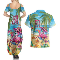 Flamingo Aloha Hawaii Couples Matching Summer Maxi Dress and Hawaiian Shirt It's 5 O’Clock Somewhere Tropical Vibes - Wonder Print Shop