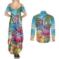Flamingo Aloha Hawaii Couples Matching Summer Maxi Dress and Long Sleeve Button Shirt It's 5 O’Clock Somewhere Tropical Vibes - Wonder Print Shop