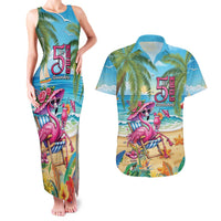 Flamingo Aloha Hawaii Couples Matching Tank Maxi Dress and Hawaiian Shirt It's 5 O’Clock Somewhere Tropical Vibes - Wonder Print Shop