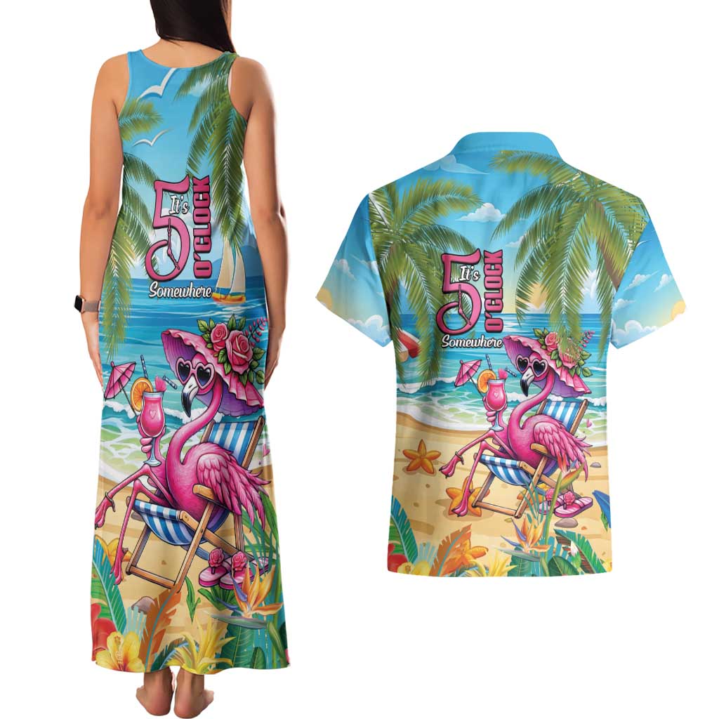 Flamingo Aloha Hawaii Couples Matching Tank Maxi Dress and Hawaiian Shirt It's 5 O’Clock Somewhere Tropical Vibes - Wonder Print Shop