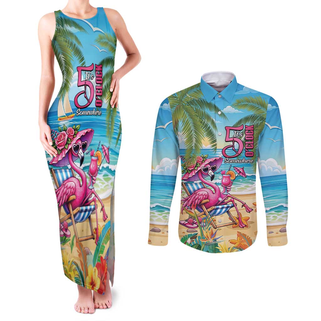 Flamingo Aloha Hawaii Couples Matching Tank Maxi Dress and Long Sleeve Button Shirt It's 5 O’Clock Somewhere Tropical Vibes - Wonder Print Shop