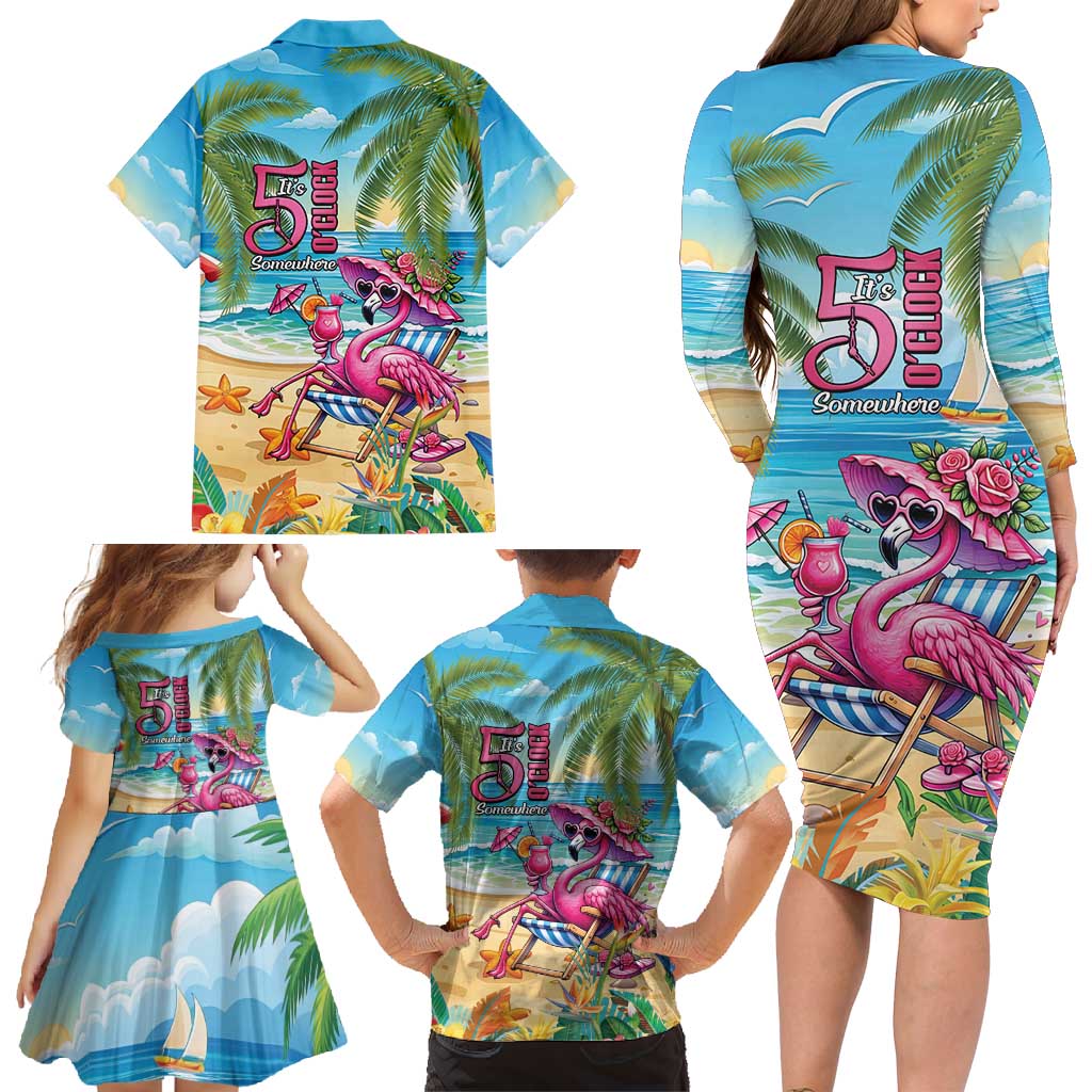 Flamingo Aloha Hawaii Family Matching Long Sleeve Bodycon Dress and Hawaiian Shirt It's 5 O’Clock Somewhere Tropical Vibes - Wonder Print Shop