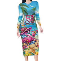 Flamingo Aloha Hawaii Family Matching Long Sleeve Bodycon Dress and Hawaiian Shirt It's 5 O’Clock Somewhere Tropical Vibes - Wonder Print Shop