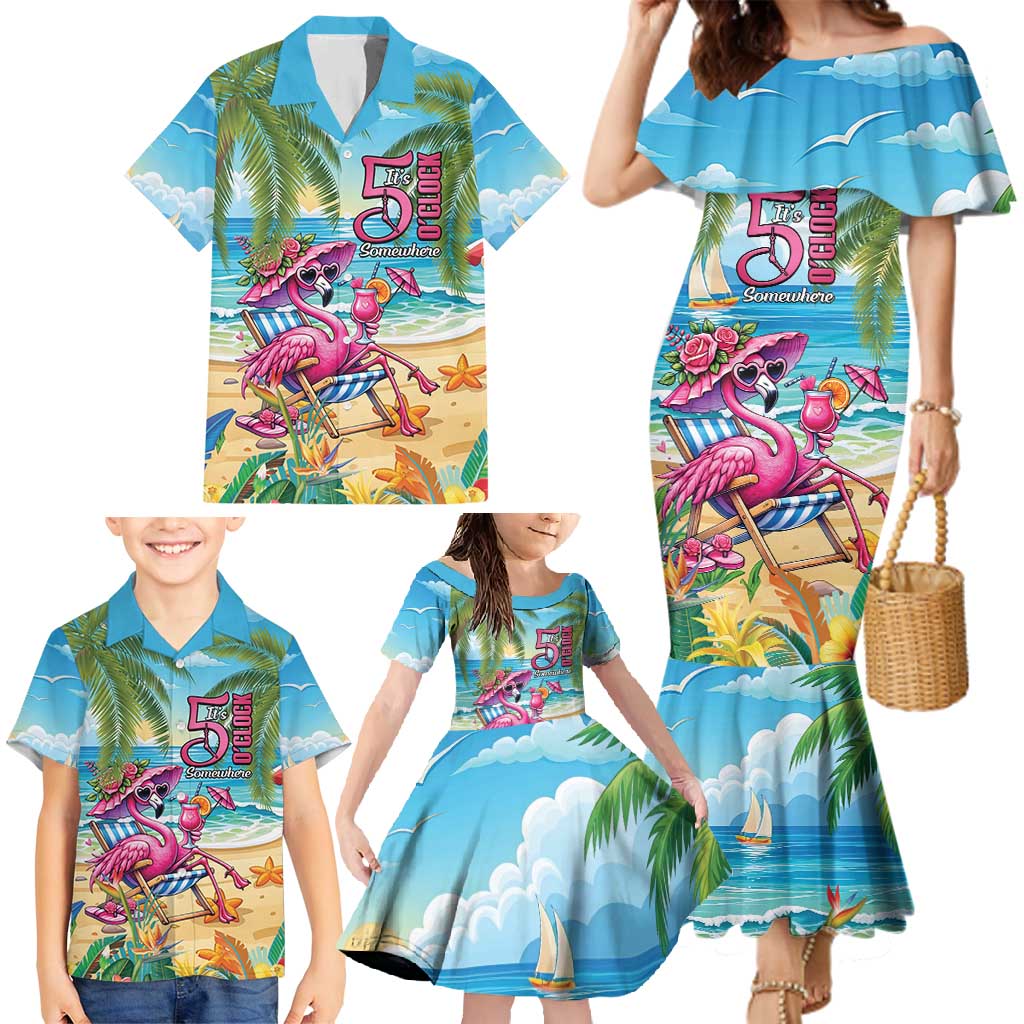 Flamingo Aloha Hawaii Family Matching Mermaid Dress and Hawaiian Shirt It's 5 O’Clock Somewhere Tropical Vibes - Wonder Print Shop