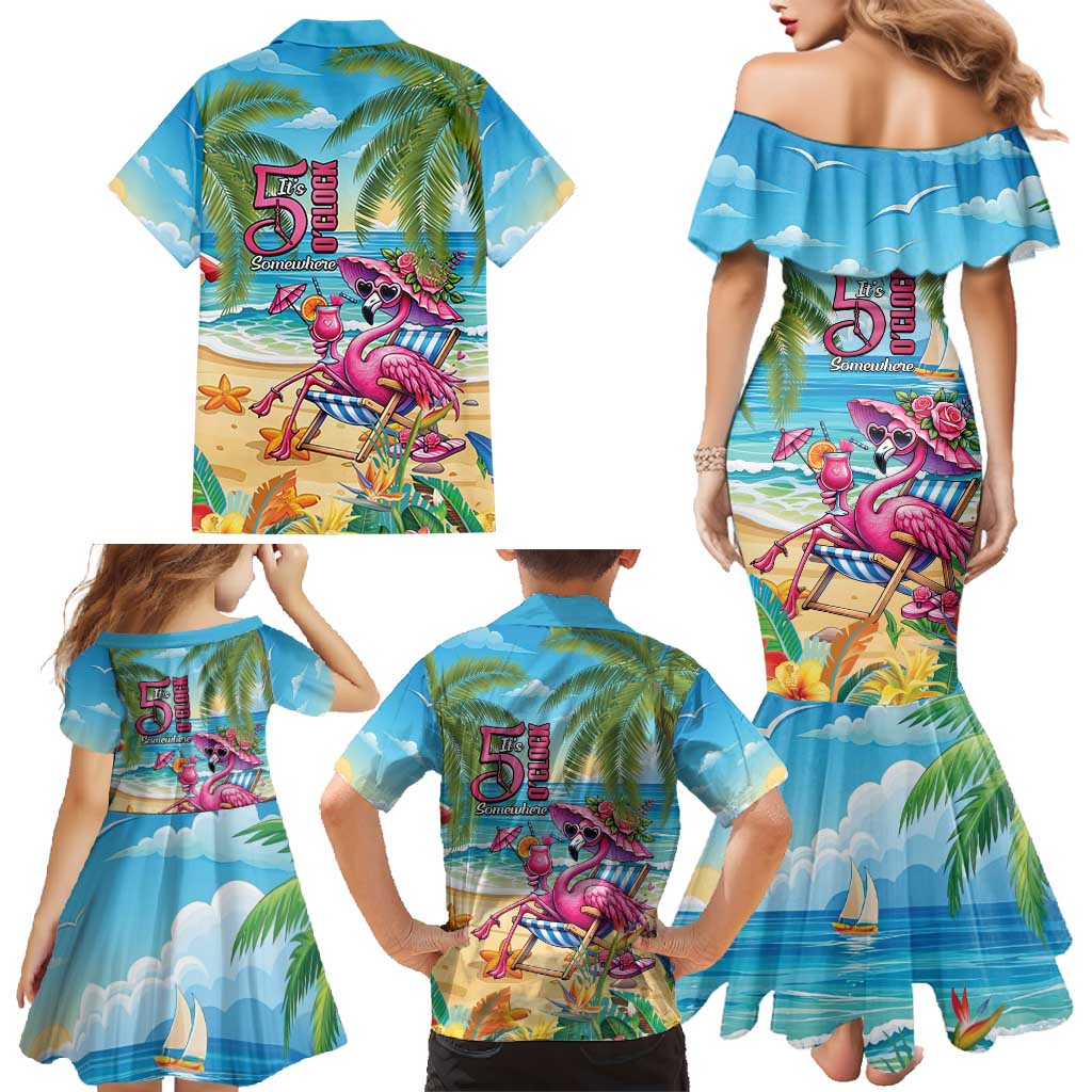 Flamingo Aloha Hawaii Family Matching Mermaid Dress and Hawaiian Shirt It's 5 O’Clock Somewhere Tropical Vibes - Wonder Print Shop