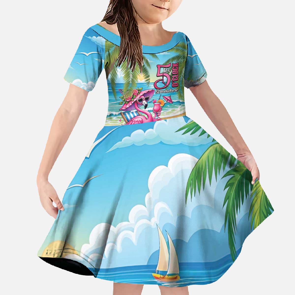 Flamingo Aloha Hawaii Family Matching Off The Shoulder Long Sleeve Dress and Hawaiian Shirt It's 5 O’Clock Somewhere Tropical Vibes - Wonder Print Shop