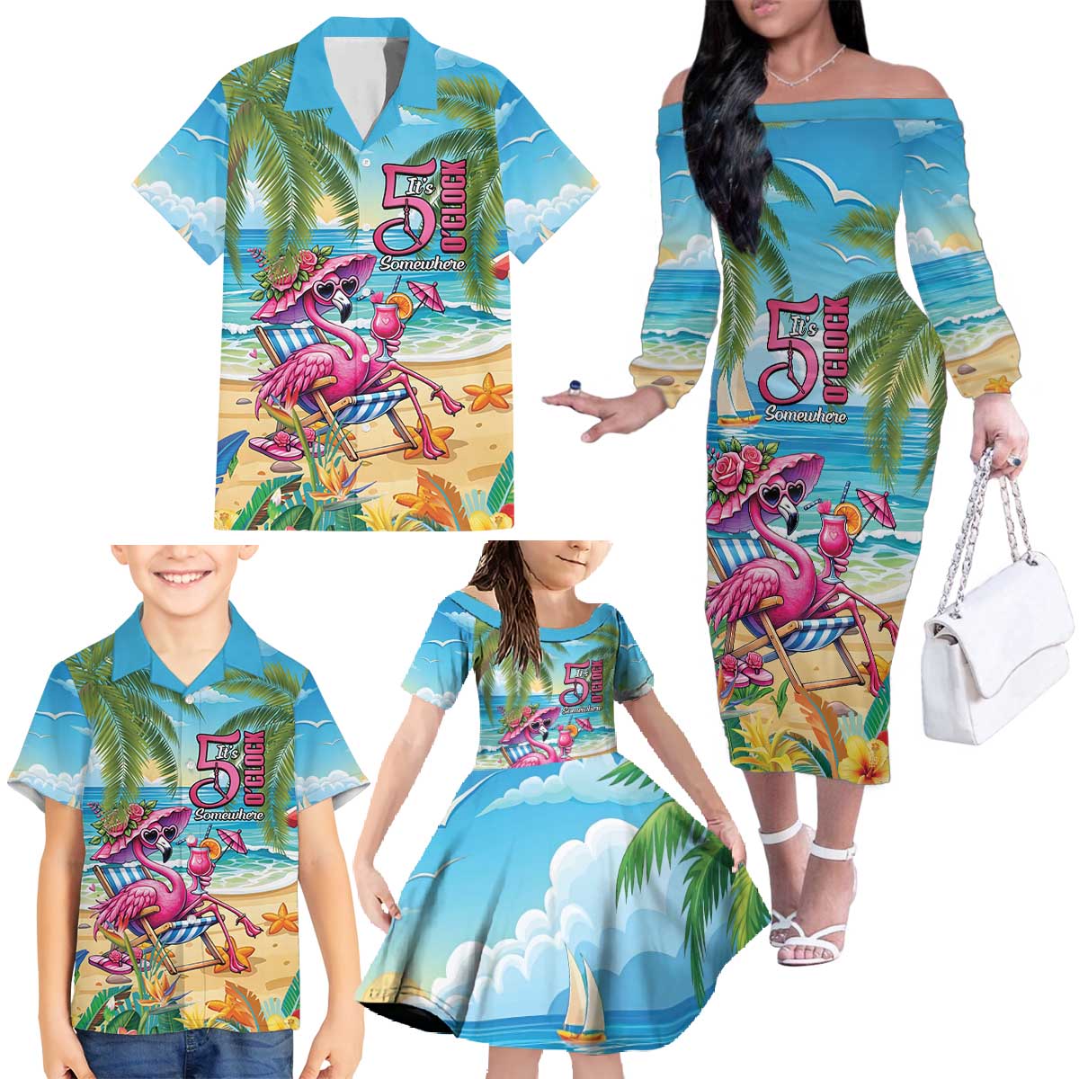 Flamingo Aloha Hawaii Family Matching Off The Shoulder Long Sleeve Dress and Hawaiian Shirt It's 5 O’Clock Somewhere Tropical Vibes - Wonder Print Shop