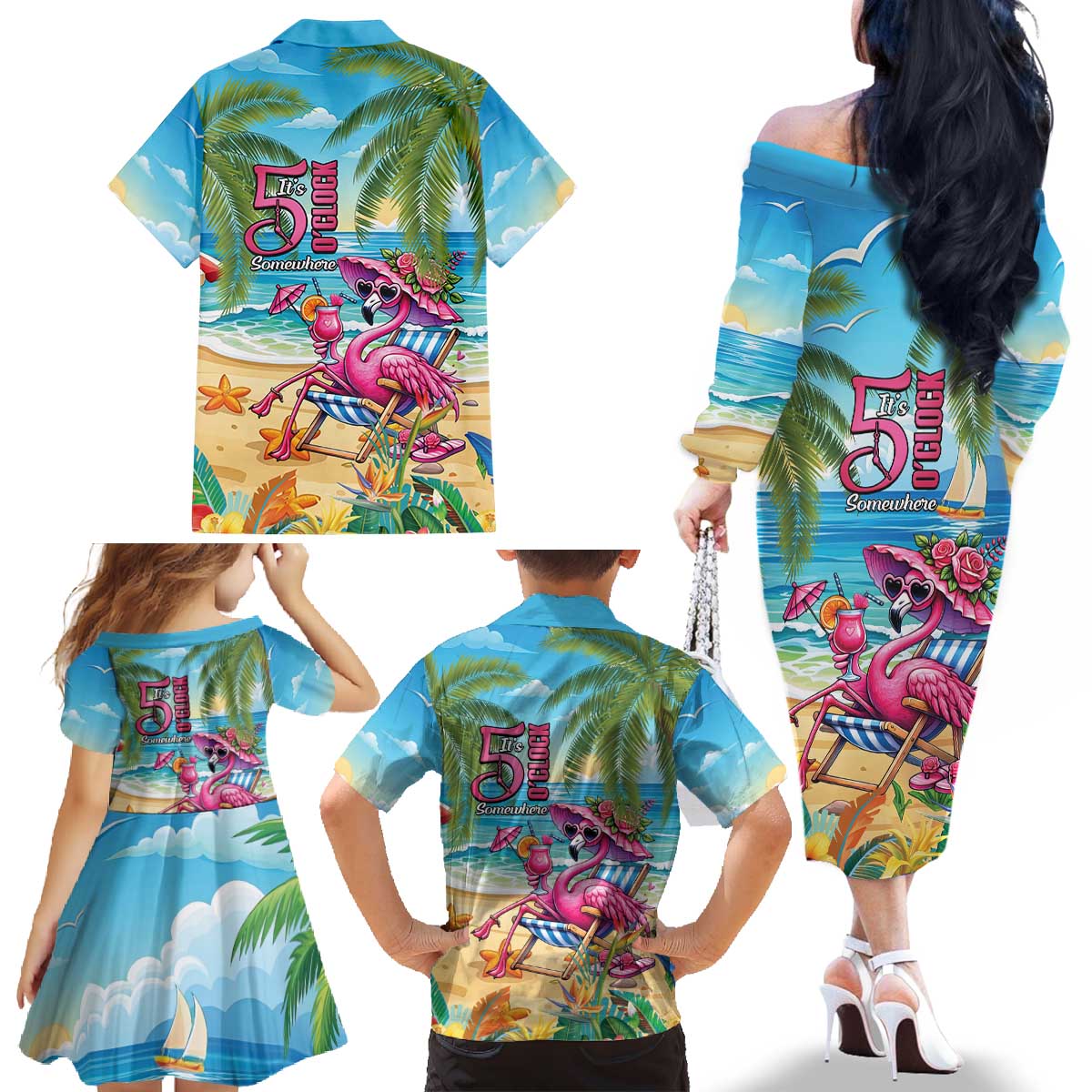 Flamingo Aloha Hawaii Family Matching Off The Shoulder Long Sleeve Dress and Hawaiian Shirt It's 5 O’Clock Somewhere Tropical Vibes - Wonder Print Shop