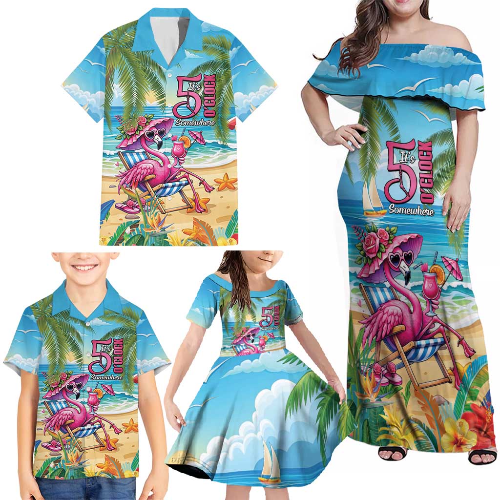 Flamingo Aloha Hawaii Family Matching Off Shoulder Maxi Dress and Hawaiian Shirt It's 5 O’Clock Somewhere Tropical Vibes - Wonder Print Shop