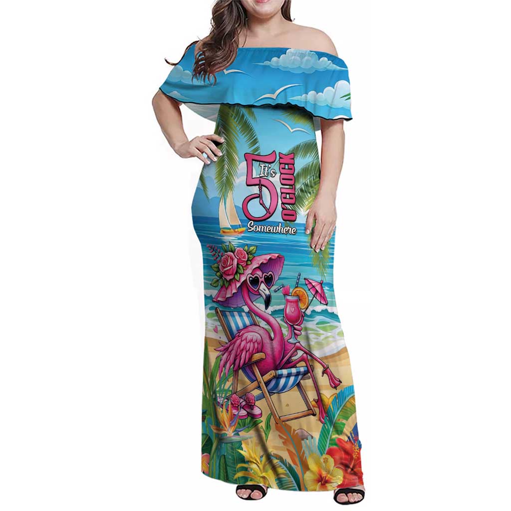 Flamingo Aloha Hawaii Family Matching Off Shoulder Maxi Dress and Hawaiian Shirt It's 5 O’Clock Somewhere Tropical Vibes - Wonder Print Shop