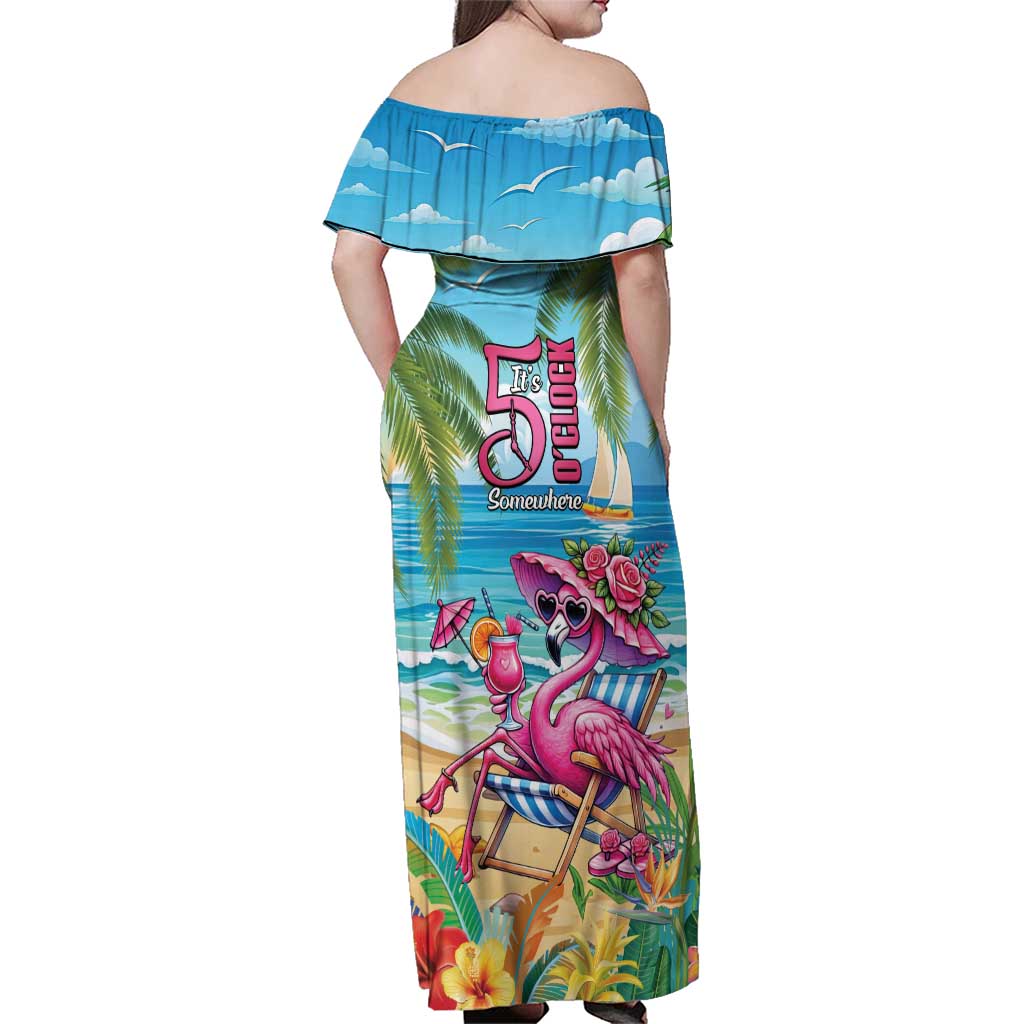 Flamingo Aloha Hawaii Family Matching Off Shoulder Maxi Dress and Hawaiian Shirt It's 5 O’Clock Somewhere Tropical Vibes - Wonder Print Shop