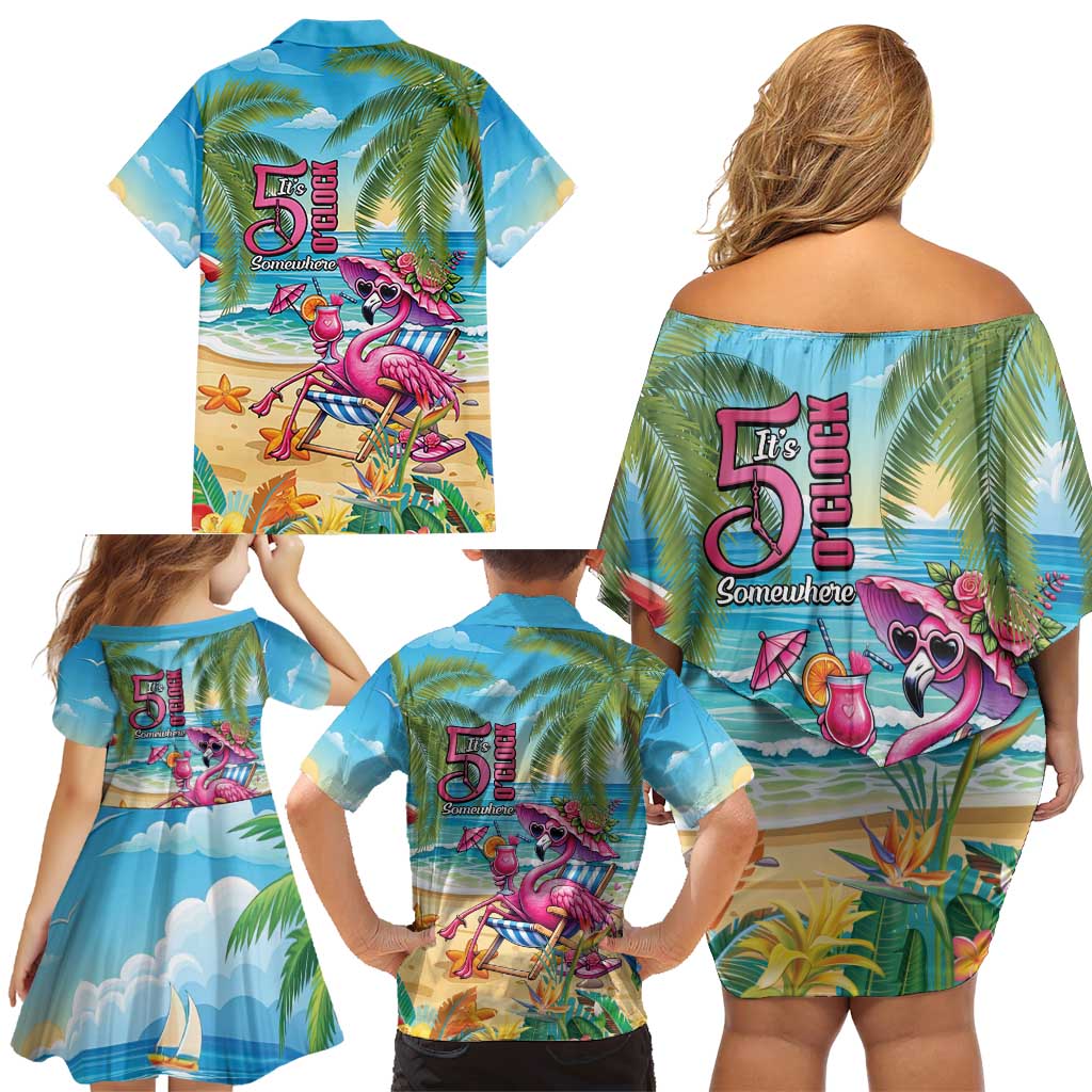 Flamingo Aloha Hawaii Family Matching Off Shoulder Short Dress and Hawaiian Shirt It's 5 O’Clock Somewhere Tropical Vibes - Wonder Print Shop
