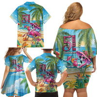 Flamingo Aloha Hawaii Family Matching Off Shoulder Short Dress and Hawaiian Shirt It's 5 O’Clock Somewhere Tropical Vibes - Wonder Print Shop