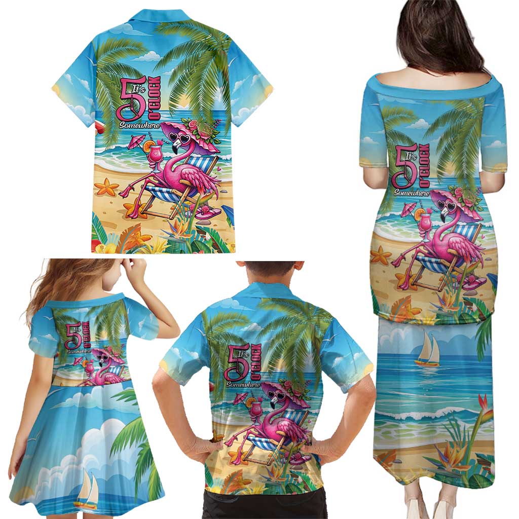 Flamingo Aloha Hawaii Family Matching Puletasi and Hawaiian Shirt It's 5 O’Clock Somewhere Tropical Vibes - Wonder Print Shop