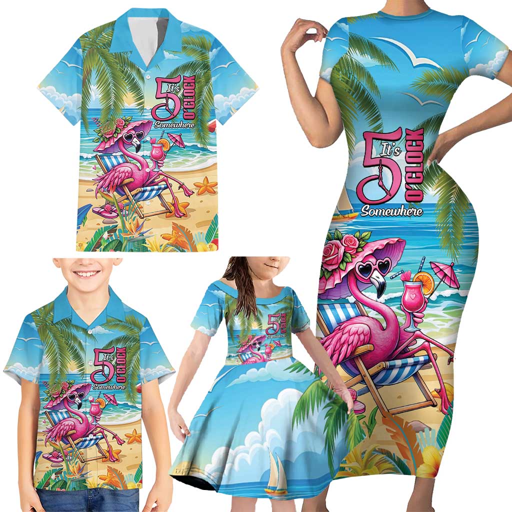 Flamingo Aloha Hawaii Family Matching Short Sleeve Bodycon Dress and Hawaiian Shirt It's 5 O’Clock Somewhere Tropical Vibes - Wonder Print Shop