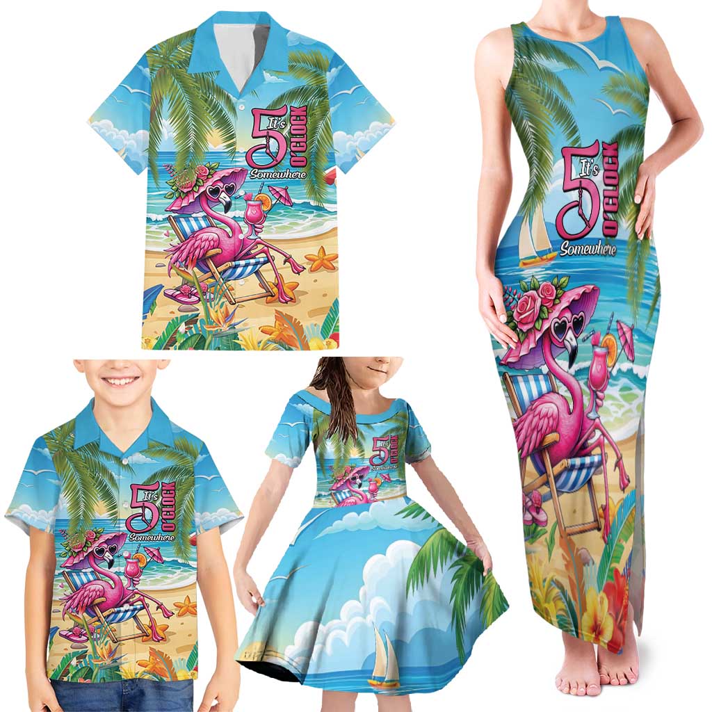 Flamingo Aloha Hawaii Family Matching Tank Maxi Dress and Hawaiian Shirt It's 5 O’Clock Somewhere Tropical Vibes - Wonder Print Shop