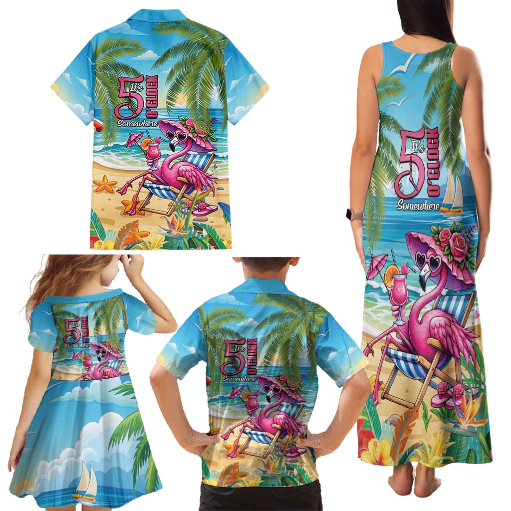 Flamingo Aloha Hawaii Family Matching Tank Maxi Dress and Hawaiian Shirt It's 5 O’Clock Somewhere Tropical Vibes - Wonder Print Shop