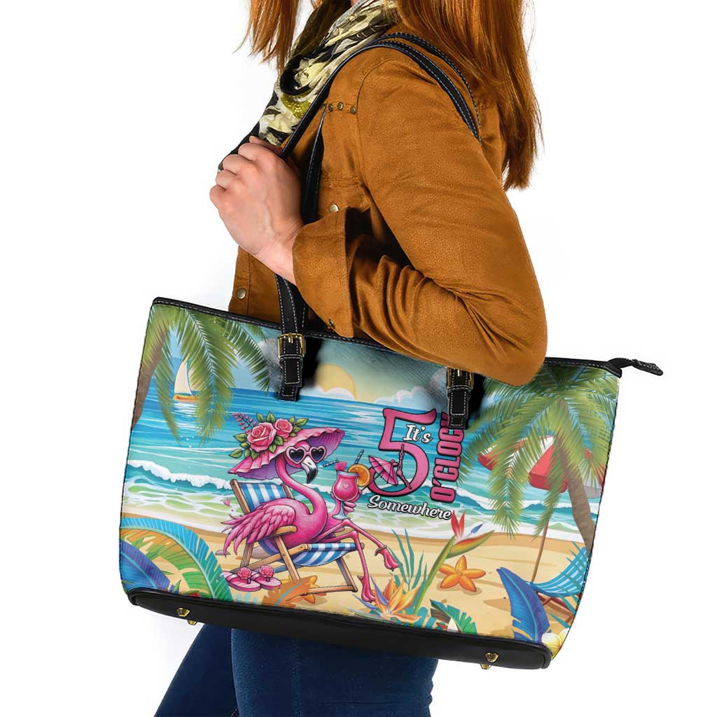 Flamingo Aloha Hawaii Leather Tote Bag It's 5 O’Clock Somewhere Tropical Vibes - Wonder Print Shop