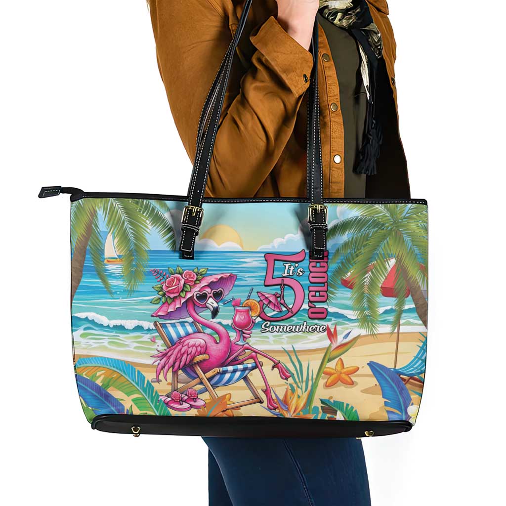 Flamingo Aloha Hawaii Leather Tote Bag It's 5 O’Clock Somewhere Tropical Vibes - Wonder Print Shop