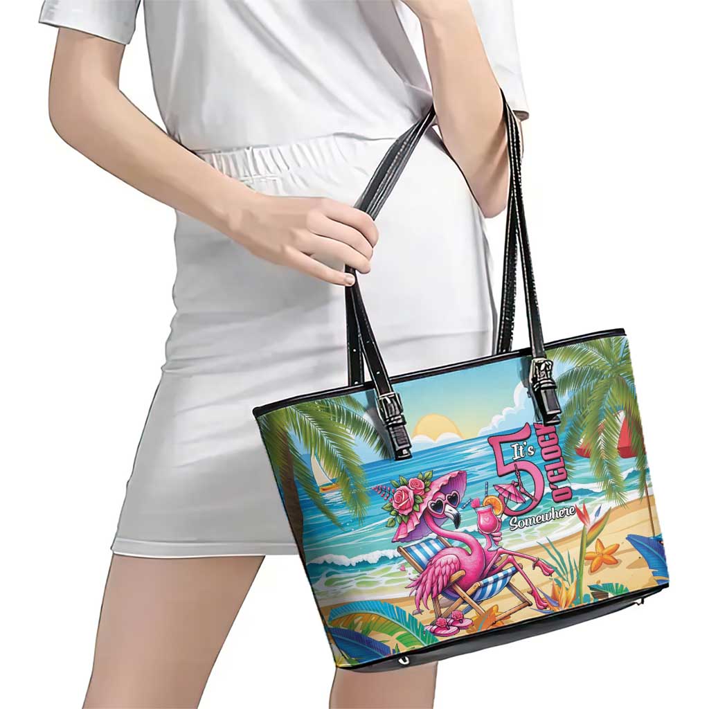 Flamingo Aloha Hawaii Leather Tote Bag It's 5 O’Clock Somewhere Tropical Vibes - Wonder Print Shop